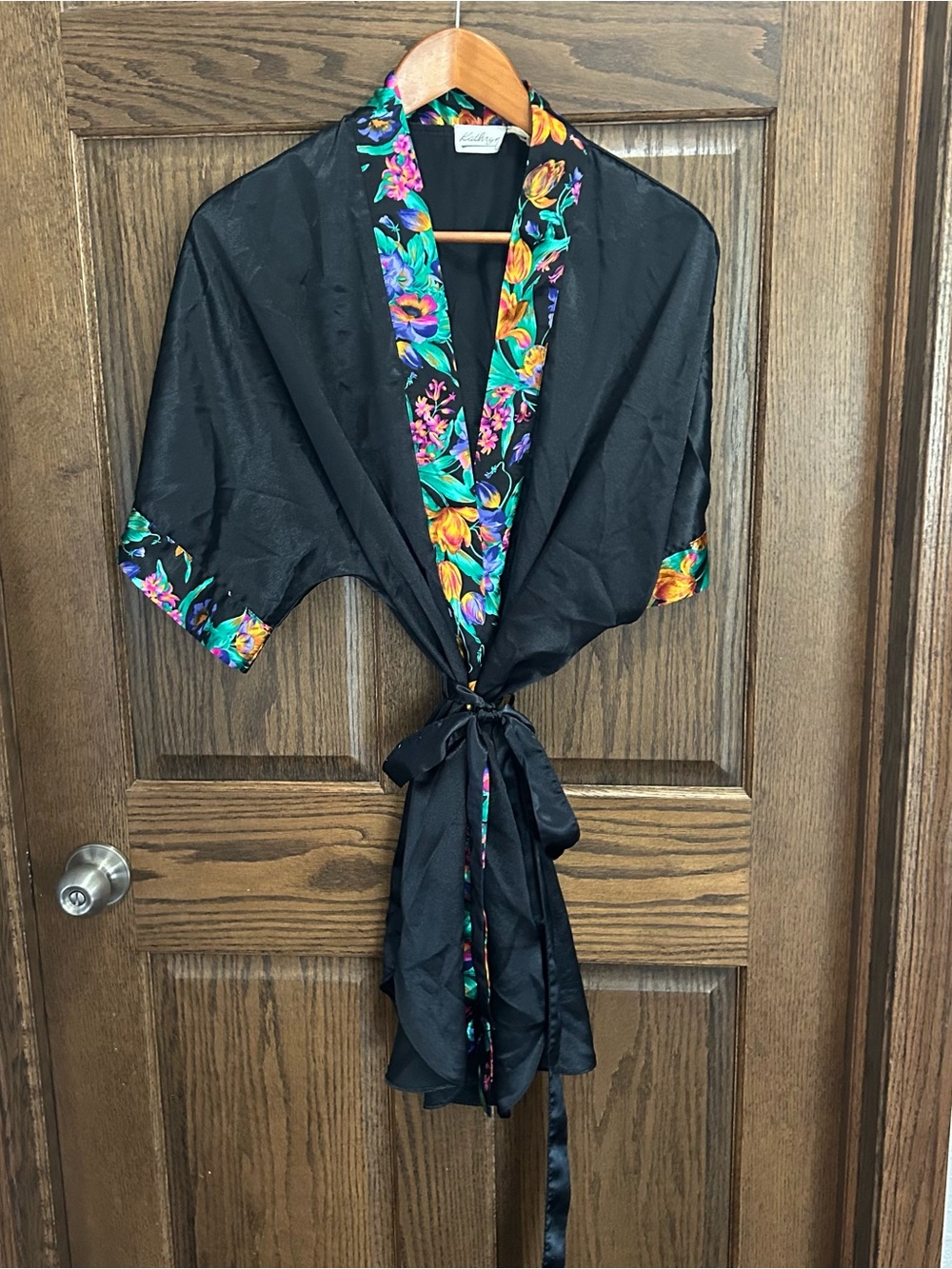 Black Satin Robe with Colorful Floral Trim